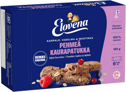 Elovena 6x30克 蔓越莓、覆盆子与蓝莓软燕麦棒|Elovena 6x30g karpalo, vadelma & mustikka pehmeä kaurapatukka