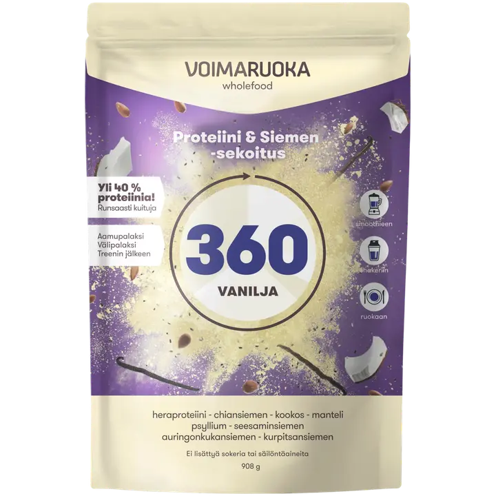 Voimaruoka 360 Wholefood vaniljan makuinen proteiini-siemensekoitus 908g-Voimaruoka 360 Wholefood 香草味蛋白质种子混合物 908g