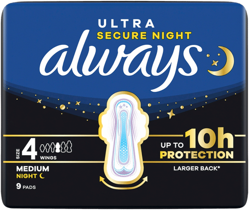 Always Ultra Secure Night Medium S4 siivekkeillä 9kpl terveysside