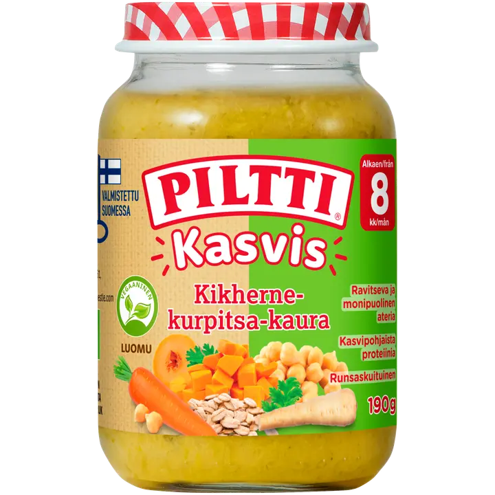 Piltti Kasvis 190g Kikherne-kurpitsa-kaura lastenateria 8kk Luomu|Piltti 蔬菜 190g 鹰嘴豆南瓜燕麦儿童餐 8 个月有机