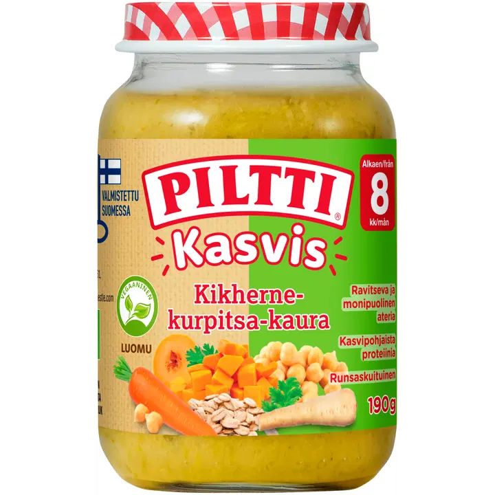 Piltti Kasvis 190g Kikherne-kurpitsa-kaura lastenateria 8kk Luomu|Piltti 蔬菜 190g 鹰嘴豆南瓜燕麦儿童餐 8 个月有机