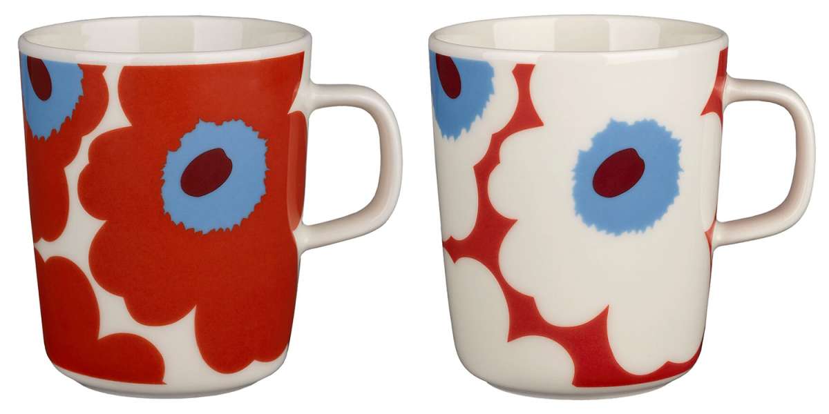 Marimekko Unikko Oiva 马克杯 0.25L 2只装 奶油白/番茄红/天蓝|Marimekko Unikko Oiva Mug 0.25 l 2 pcs Cream White, Tomato Red, Sky Blue