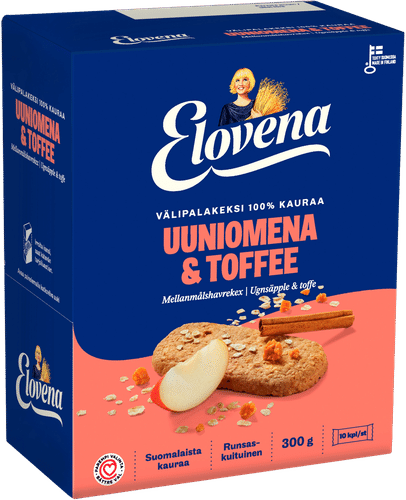 Elovena 10x30g 烤苹果太妃粗粮饼干 100%燕麦|Elovena 10x30g uuniomena-toffee välipalakeksi 100% kauraa