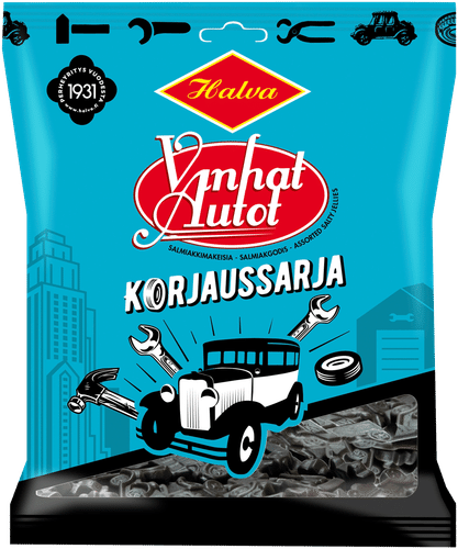 Halva 老车修理套装咸甘草糖 120 g|Halva Vanhat Autot Korjaussarja salmiakkimakeisia 120 g