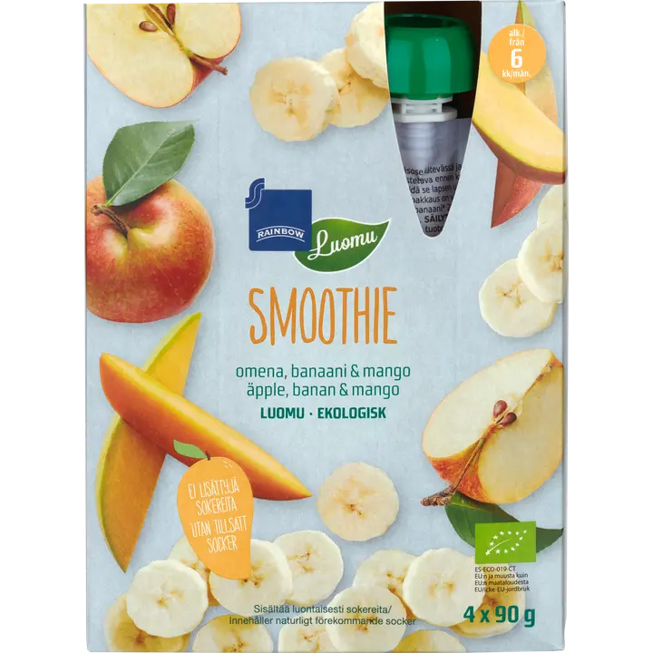 Rainbow smoothie omena, banaani & mango luomu 360 g 4-pack 6 kk|Rainbow 有机苹果、香蕉和芒果冰沙 360 克 4 包 6 个月
