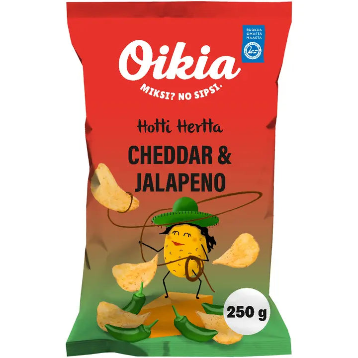 Oikia Hotti Hertta cheddar ja jalapeno perunalastu 250g-Oikia 霍蒂赫塔切达干酪和墨西哥辣椒薯片 250g