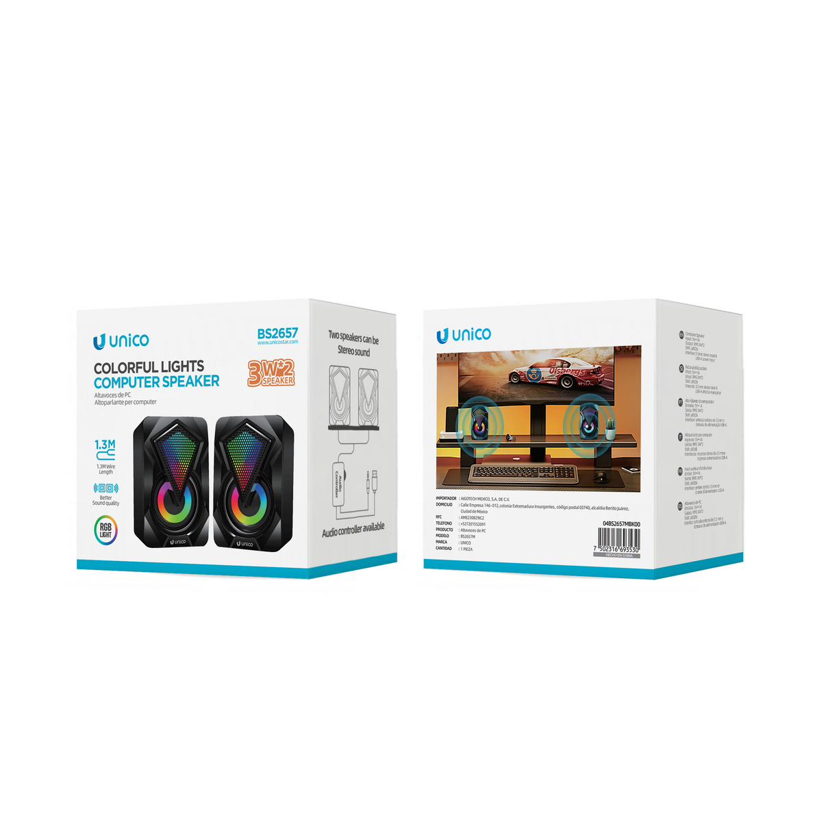 七彩灯有线PC音箱 3W*2(UNICO,BS2657,黑色)|Colorful light wired PC speaker 3W*2 black