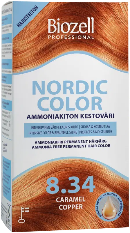 Biozell 专业北欧色彩无氨持久染发剂 焦糖铜 8.34 2x60ml|Biozell Professional Nordic Color ammoniakiton kestoväri Caramel Copper 8.34 2x60ml
