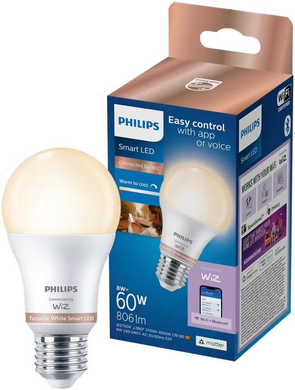 Philips Smart Lighting LED灯丝灯泡8W A60 E27 2700-6500K 806流明可调白光