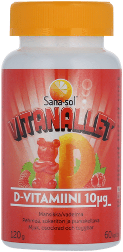 Sana-sol 维他熊 D3 10微克 草莓/覆盆子味 60kpl|Sana-sol Vitanallet D-vitamiini 10µg Mansikka/vadelma 60kpl