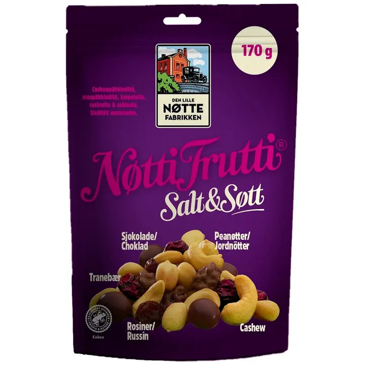 Den Lille Nøttefabrikken Nøtti Frutti Salt & Søtt pähkinä-hedelmäsekoitus RA 170g-Den Lille Nøttefabrikken Nøtti Frutti 盐和 Søtt 坚果水果混合物 RA 170g