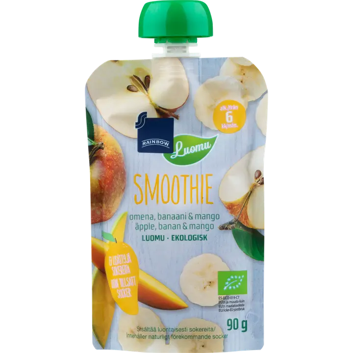 Rainbow smoothie omena, banaani & mango luomu 90 g 6 kk|Rainbow 有机苹果、香蕉和芒果冰沙 90 克 6 个月