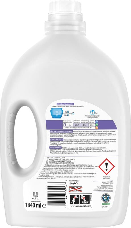 Bio Luvil 敏感肌彩色衣物无香洗衣液 1.84升 46次|Bio Luvil Sensitive Color Pyykinpesuaine Hajusteeton 1.84 L 46 pesua