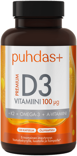 Puhdas+ 高级D3维生素100微克+K2+Omega-3+维生素A 120 kaps