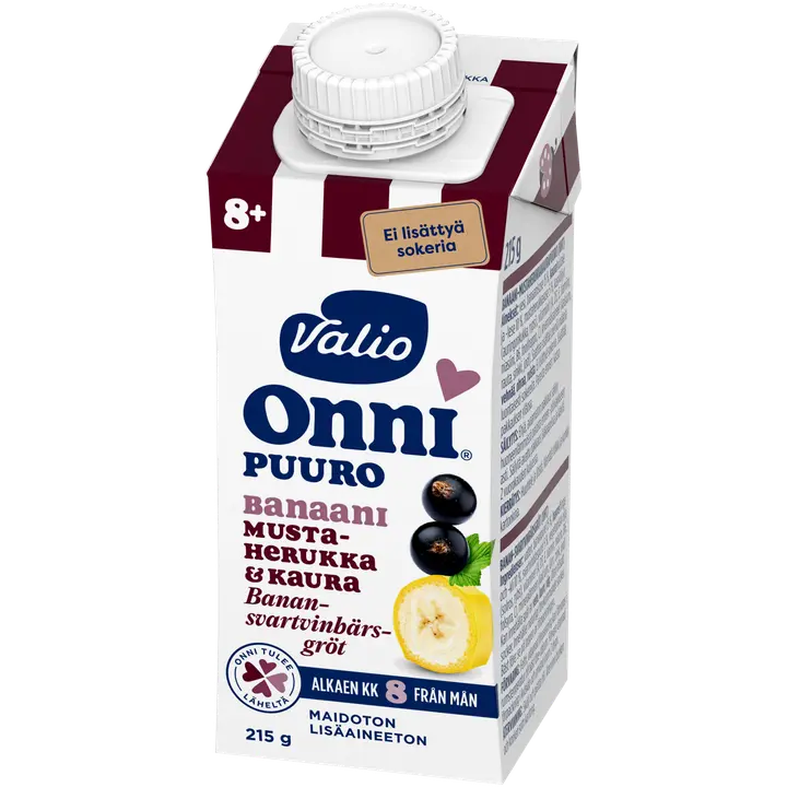 Valio Onni® Banaani-mustaherukkakaurapuuro 215 g UHT (alk 8 kk)|Onni Valio Onni® 香蕉黑醋栗燕麦片 215 g UHT(8 个月起)
