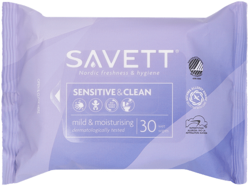 Savett Sensitive & Clean uudelleensuljettava kosteuspyyhe 30kpl