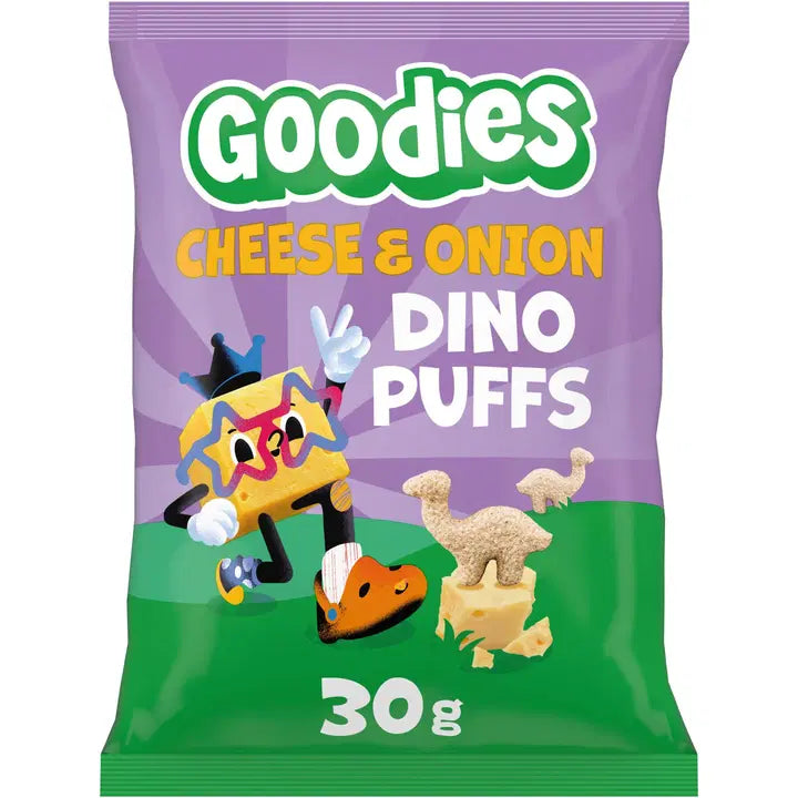 Goodies Dino Puffs Cheese & Onion täysjyvävehnä-maissinaksut 30g|Goodies 迪诺泡芙奶酪洋葱全麦玉米片 30g
