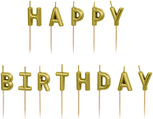 Syntymäpäivä kakkukynttilät "Happy Birthday" kullanväriset, kynttilän korkeus n. 2,5 cm, kokonaiskorkeus tikulla n. 7 cm. Sisältää puiset tikut. Pakkaus sisältää 13 kynttilää.