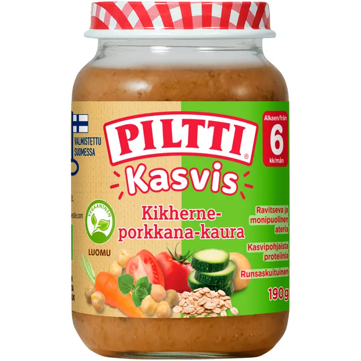 Piltti Kasvis 190g Kikherne-porkkana kaura lastenateria 6kk Luomu|Piltti 蔬菜 190g 鹰嘴豆胡萝卜燕麦儿童餐 6 个月有机