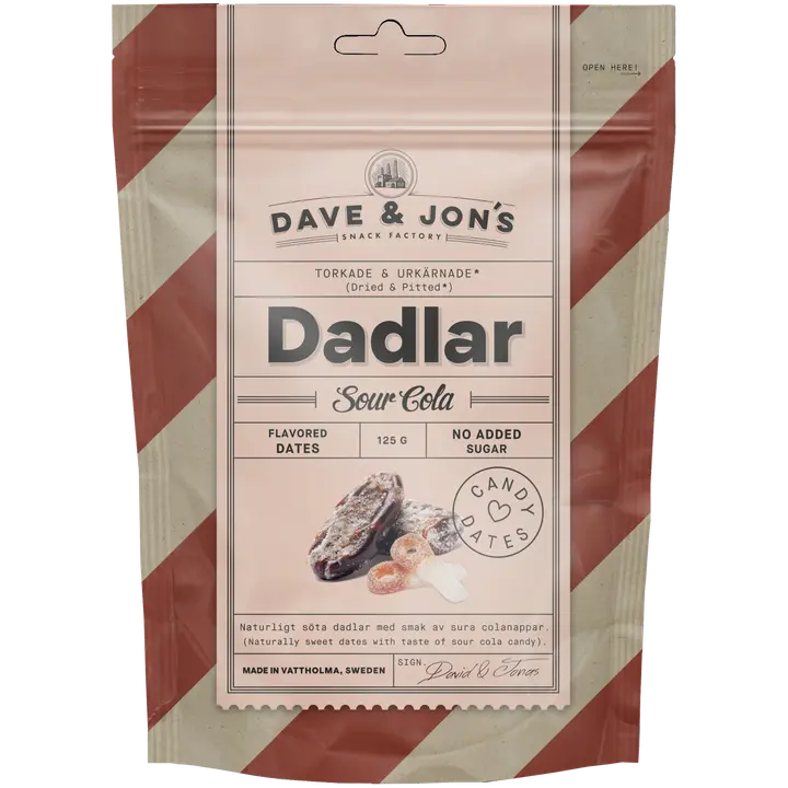 Dave&Jons Hapan Cola-karamellien makuisia kivettömiä taateleita 125 g-Dave&Jons 无核枣子的酸味可乐糖果 125 g