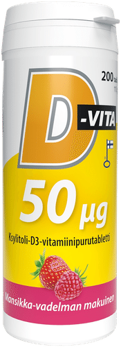 D-Vita 50微克草莓覆盆子味200片木糖醇D3维生素咀嚼片,Vitabalans