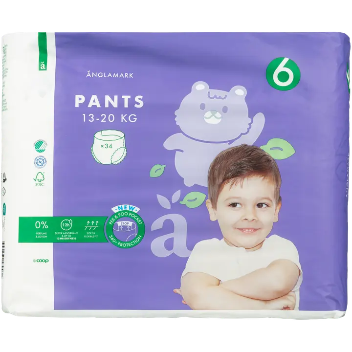 Änglamark housuvaippa koko 6, 13-20 kg 34 kpl|Änglamark 裤子尿布尺寸 6,13-20 公斤 34 kpl