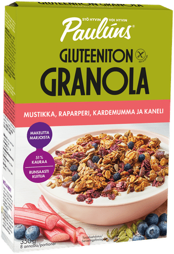 Paulúns gluteeniton mustikka-raparperi-kardemumma-kaneli granola muromysli 350g|Pauluns Paulúns无麸质蓝莓-大黄-小豆蔻-肉桂格兰诺拉麦片 350g