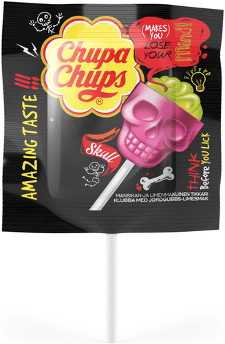 Chupa Chups 15克骷髅草莓青柠味棒棒糖|Chupa Chups 15g Skull mansikan- ja limenmakuinen tikkukaramelli