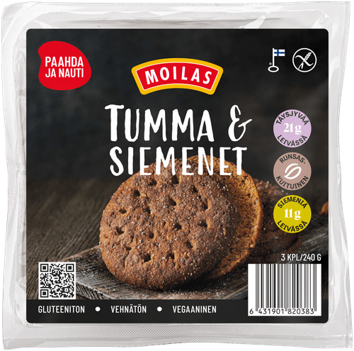 Moilas Tumma & Siemenet 3kpl/240g gluteeniton siemenpalaleipä|Moilas 黑麦籽粒面包3片/240克无麸质籽粒面包