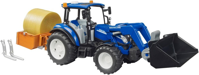 Bruder New Holland T5.120拖拉机带前装载机和配件|Bruder lelu New Holland T5.120 traktori etukuormaajalla ja lisävarusteilla