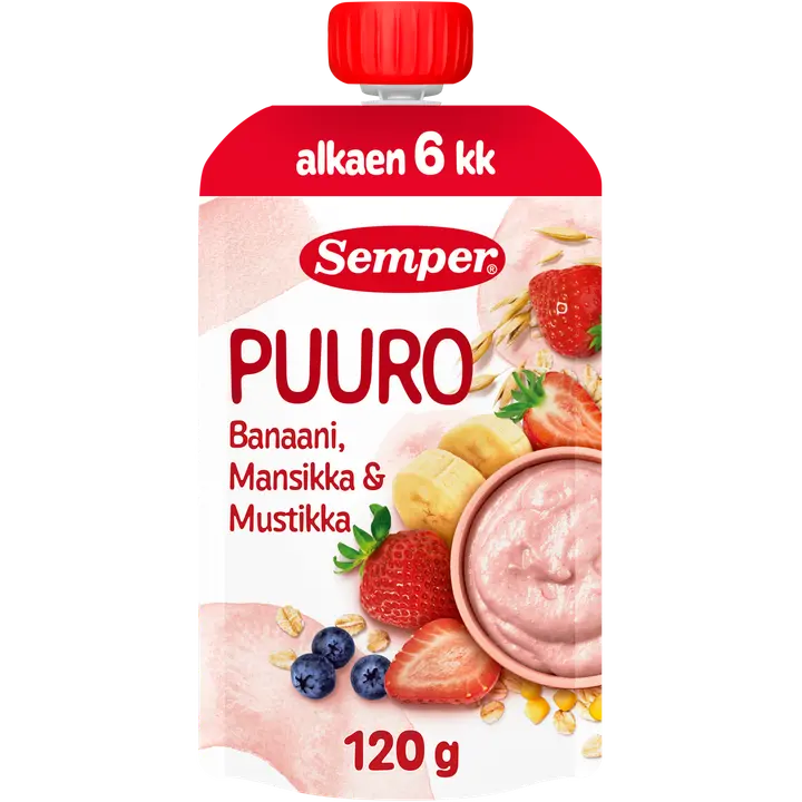 Semper Puuro Mansikka, banaani & mustikka 6kk käyttövalmis lastenpuuro 120g|Semper 粥 草莓、香蕉和蓝莓 6 个月即用儿童粥 120g