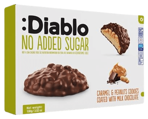 Diablo 无添加糖焦糖坚果牛奶巧克力饼干 100 g|Diablo karamelli- ja pähkinäkeksit maitosuklaalla ilman lisättyä sokeria 100 g