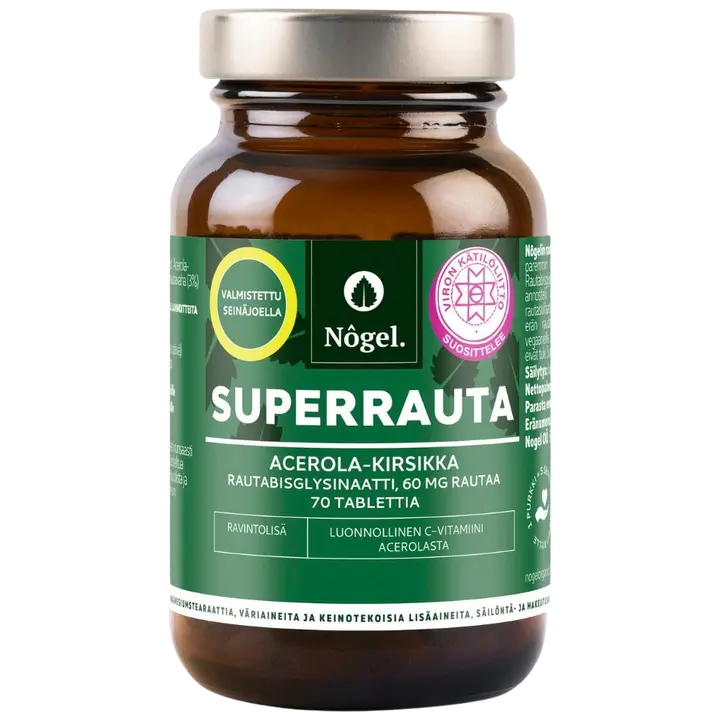 Nôgel Superrauta, acerola-kirsikka, 60 mg, 70 tbl-Nôgel 超级铁,针叶樱桃,60 毫克,70 汤匙
