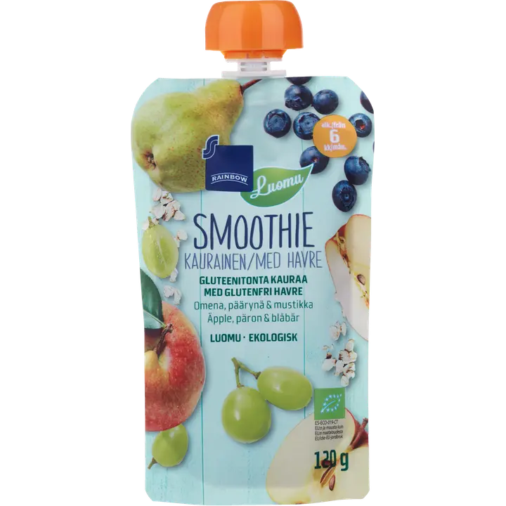 Rainbow kaurainen smoothie omena, päärynä & mustikka luomu 120 g 6 kk|Rainbow 苹果、梨和蓝莓有机燕麦冰沙 120 克 6 个月