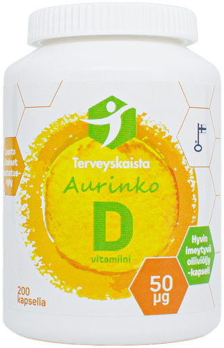 Terveyskaista Aurinko维生素D 50微克 200粒 特级初榨橄榄油
