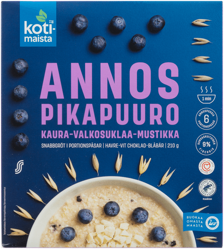 Kotimaista annospikapuuro kaura-valkosuklaa-mustikka 210 g (6 x 35 g)|Kotimaista 速食燕麦粥 燕麦-白巧克力-蓝莓 210克(6 x 35克)