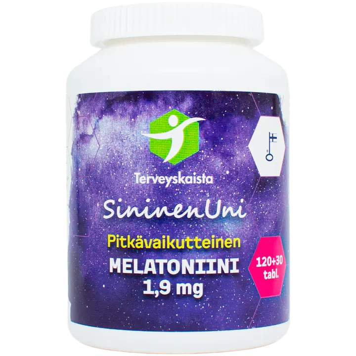 Terveyskaista SininenUni Melatoniini 1,9 mg pitkävaikutteinen 150 tabl.-Terveyskaista SininenUni 褪黑激素 1.9 毫克长效 150 片。