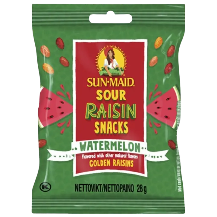 Sun-Maid Sour Raisin Snacks Watermelon - vesimeloninmakuisia kirpeitä rusinoita 28g-Sun-Maid 酸葡萄干零食西瓜 - 西瓜味浓郁的葡萄干 28g
