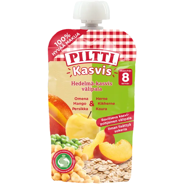 PILTTI Kasvis 110g Hedelmä-kasvis välipala omena-mango-persikka-herne-kikherne-kaura Luomu|Piltti 蔬菜 110g 水果蔬菜零食苹果-芒果-桃子-豌豆-鹰嘴豆-燕麦有机