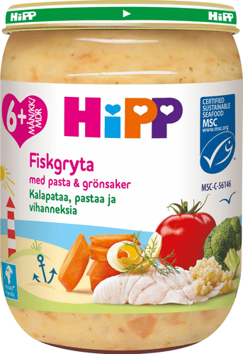 HiPP 190克鱼肉意面蔬菜泥6个月|HiPP 190g Kalapataa, pastaa ja vihanneksia 6kk