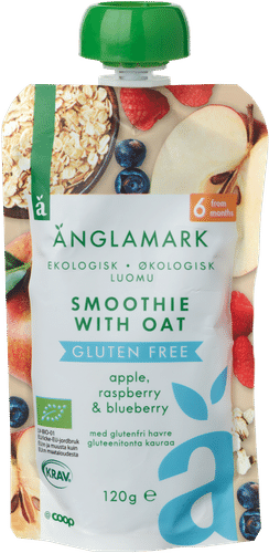 Änglamark 有机燕麦水果泥 苹果、覆盆子、蓝莓 无麸质 120克 6个月+|Änglamark kaurainen smoothie omena, vadelma & mustikka luomu gluteeniton 120 g 6 kk