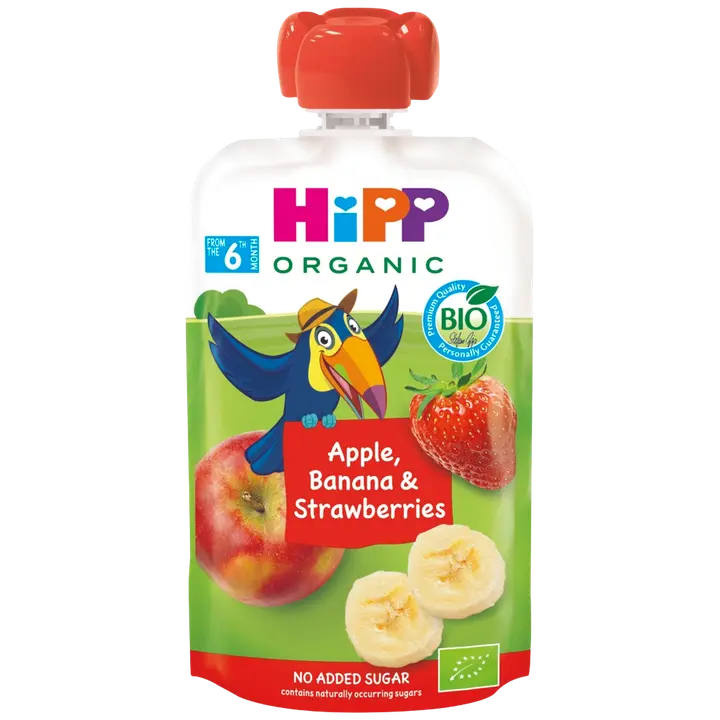 HiPP100g Luomu Smoothie Omenaa, Banaania&Mansikkaa soseena 6kk|HiPP 100 克有机冰沙苹果、香蕉和草莓泥 6 个月
