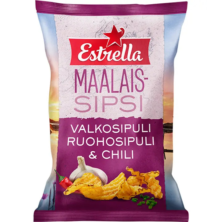 Estrella Maalaissipsi valkosipuli, ruohosipuli & chili 180g-Estrella 乡村薯片大蒜、细香葱和辣椒 180g