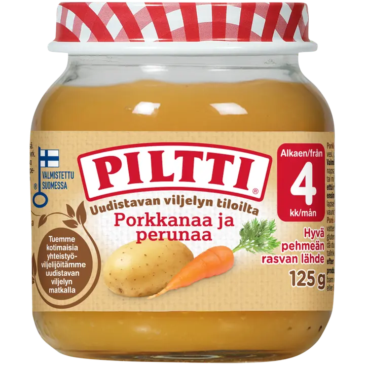 Piltti 125g Uudistavan viljelyn tiloilta porkkanaa ja perunaa kasvissose 4kk|Piltti 125 克来自可再生农场的胡萝卜和土豆蔬菜泥 4 个月