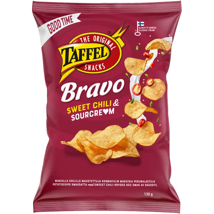 Taffel Bravo sourcream & sweet chili maustettu sipsi 130g-Taffel Bravo 酸奶油和甜辣椒味薯片 130g