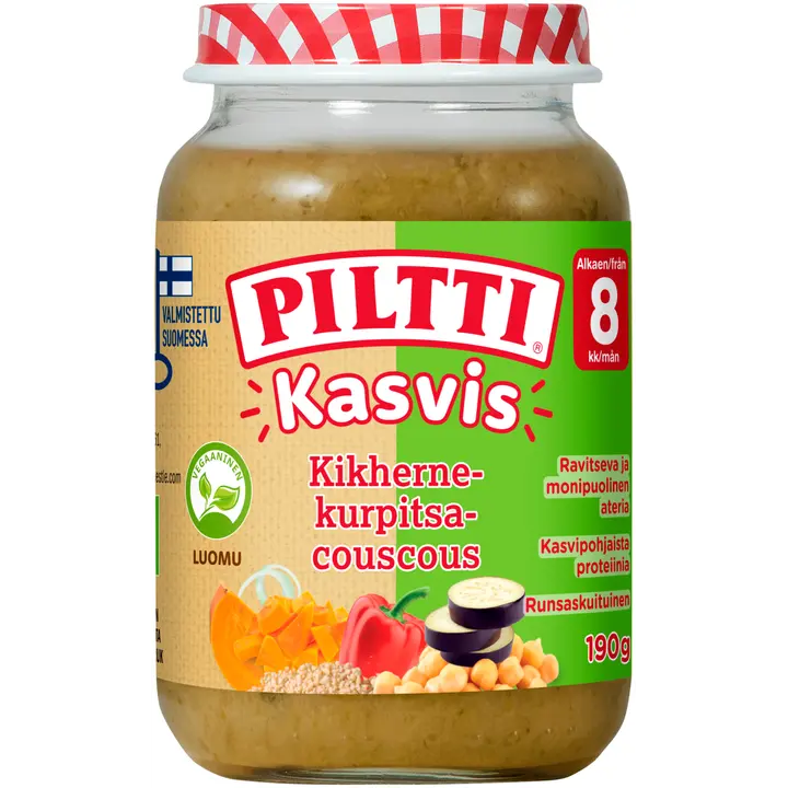 Piltti Kasvis 190g Kikherne-kurpitsa-couscous lastenateria 8kk Luomu|Piltti 蔬菜 190 克鹰嘴豆南瓜蒸粗麦粉儿童餐 8 个月有机