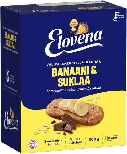 Elovena 10x30g 香蕉巧克力全麦零食饼干 100%燕麦|Elovena 10x30g banaani-suklaa täysjyvä välipalakeksi 100% kauraa