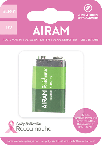 Airam 粉红丝带绿色电池6LR61 9V 1/盒(烟雾报警器电池)