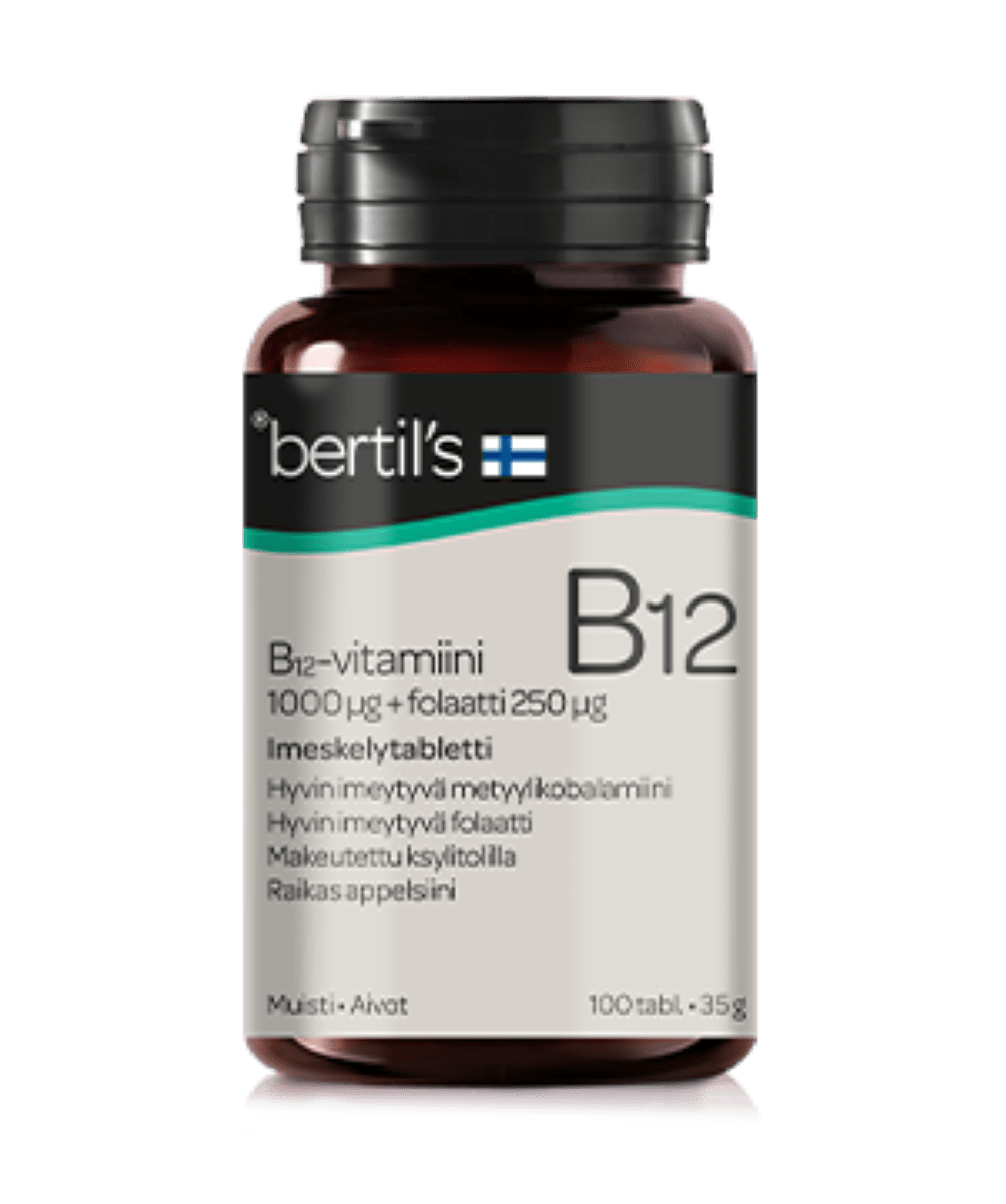 Bertil's Vitamin B12-vitamiini + folaatti Imeskelytabl. 100 kpl|Bertil's 维生素B12+叶酸含片 100 kpl