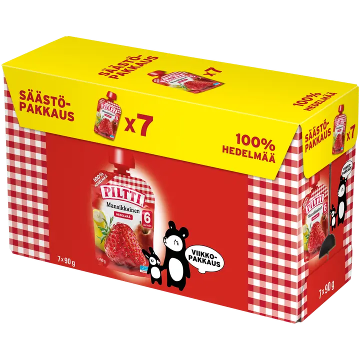 Piltti 7x90g Mansikkainen 100 % hedelmää omenaa, banaania, mansikkaa 6kk annospussi|Piltti 7x90g 草莓 100% 水果 苹果、香蕉、草莓 6 个月食用袋